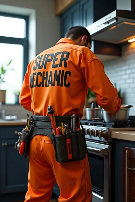 A TECHNICIAN FIXING A KITCHEN, WHAT IT SAYS ON YOUR SUPER MECHANIC VEST

