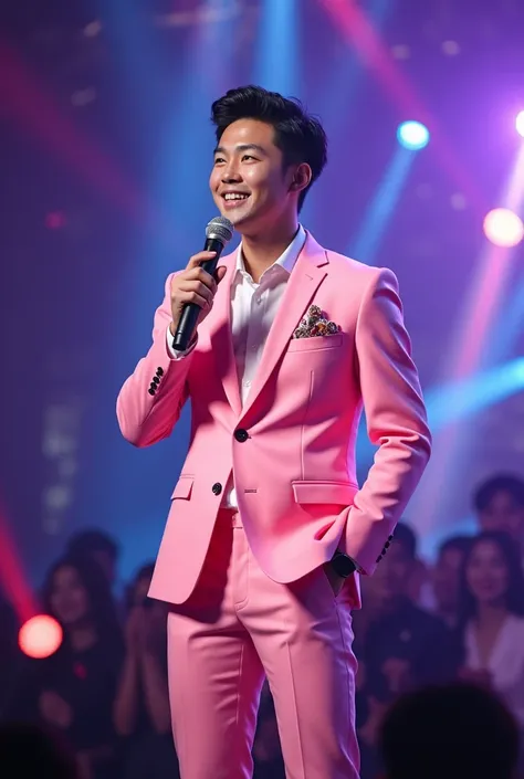 Wedding Mc Man wearing a pink suite holding a mic looks like a kpop idol