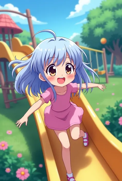 anime girl happily sliding down a slide 