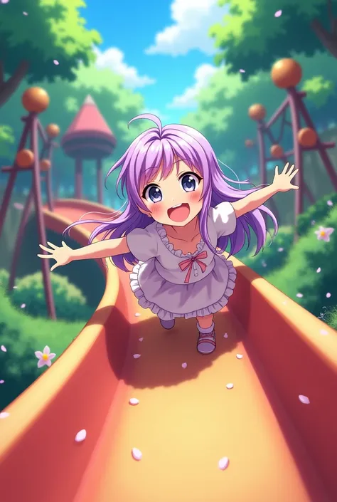 anime girl happily sliding down a slide 