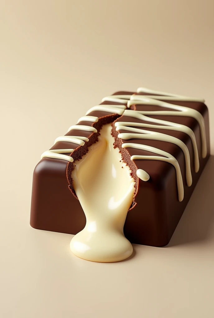 dubai chocolate with white chocolate drizzle on top and a filling of macapuno, make it look like it has a crack on the middle and macapuno is spilling , the shape of the chocolate is rectangle and macapuno is color white
