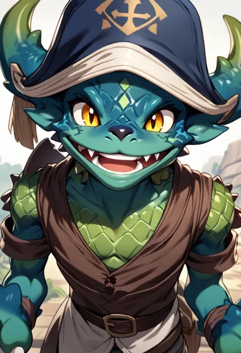 solo male, dark blue skin, blue scales, (((kobold)), (detailed kobold)) wearing a adventure equipament , a pirate hat, front vie...