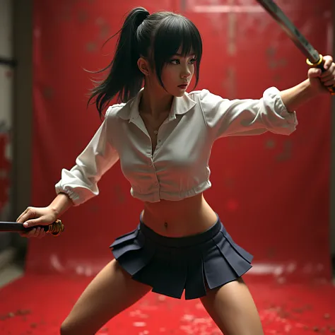 NSFW  TopQuality Super Rendering Ultra-realistic、ExtremelyDetailed(Kuriyama Chiaki in Kill Bill)、High definition face、Clean and delicate face、whole body、Half Crouching down and swinging a long sword with one hand、anatomically correct sword grip、Wearing a S...