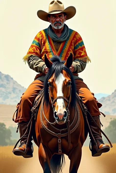 Create an illustration of a gaucho from Rio Grande do Sul. He is riding a horse, I need his front profile. It needs to be a front profile of the horse and the gaucho, I need it to look more gaucho 