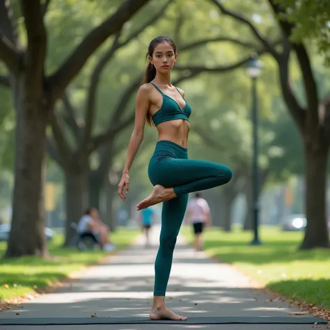 1 so very young looking skinny teen girl, doing sexy hot yoga on a mat, downward facing dog position, raising her derriere high in the air, legs straight, knees locked, bent over, in the park, perfect female body, after-sex look, sweaty, sweating through h...