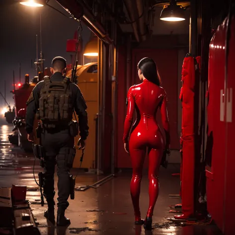 (1 girl operator wearing a red latex bodysuit) in full body from behind ready for assignment in a naval base during a rainy nigh...