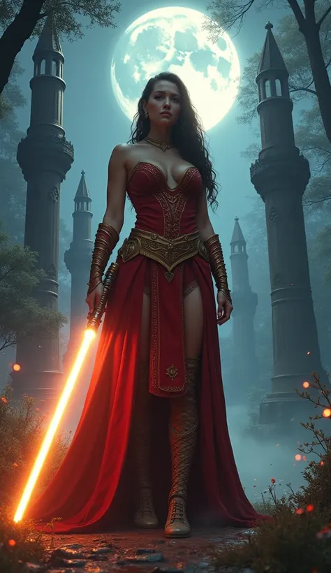 jedi woman, Master of strength curvy figure,toned body,demure red and gold suit,golden lightsaber .fantasy landscape,tall wizard towers,Full moon in the night sky, Forest of dreams,Plants and trees with their own light,8K graphics, extremely epic and reali...