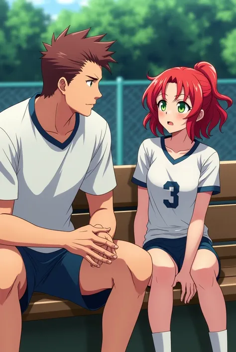 Coach talking to a wavy redhead girl, green eyes, dark complexion, short and wearing volleyball clothes on a bench, anime