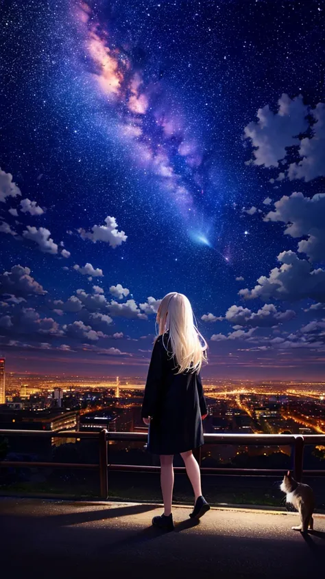 Octane, null, star (null), scenery, starry null, night, One girl, There is a cat next to you、night null, alone, Outdoor, building, cloud, milky way, Are standing, wood, Long Hair, city, silhouette, cityscape,8K resolution