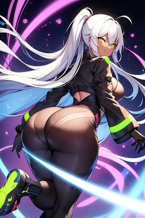 1girl, full body, ((full_body)), ass, from behind, ass focus, dark skin, long sleeves, sleeves, mature female, hourglass figure, dark-skined female, white hair, long hair, shoes, bodysuit, white bodysuit, yellow eyes, neon trim, neon lights, machinery, fut...