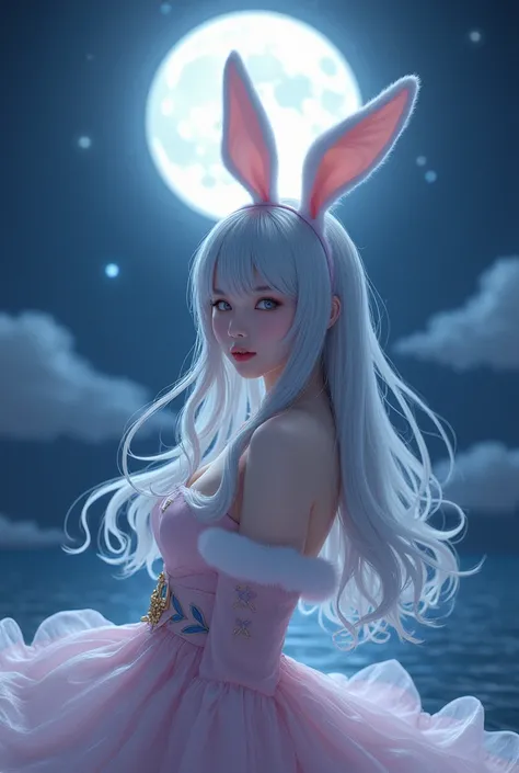 full moon　Bunny ears　Bunny Girl Costume　Silver hair semi-long　A beautiful woman like a Japanese actress　whole body