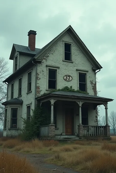 An old crumbling house with the house number 37