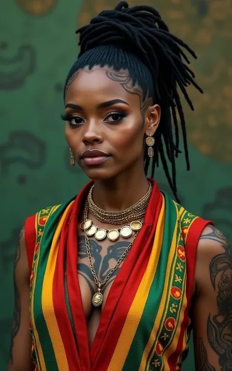 
(Zendaya:Halle Berry) dressed like a nigerian chaman, red green and yellow sleeveless tunic, (high top fade haircut and dreads) tribal tattoo in the face, (golden rings necklace), Lovecraft atmosphere, masterpiece, hyperdetailed