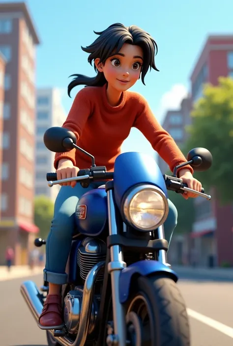 Animated image of a dark-haired person in a red sweater and jeans riding a dark blue XTZ high-top motorcycle