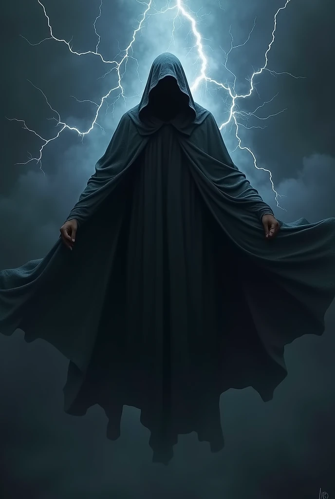 Levitating man wrapped in a cloak with the hood covering his face as lightning surrounds him in a black environment.
