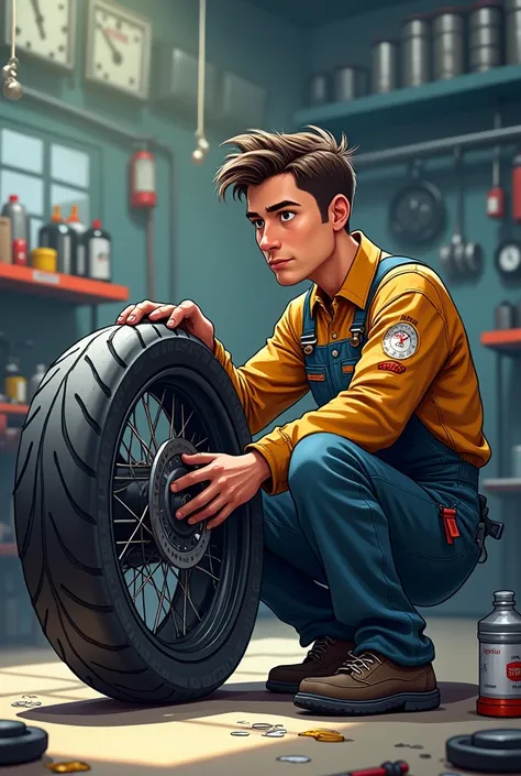 Animated mechanic repairing motorcycle tires