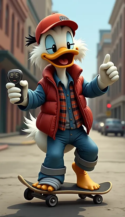 Subject: Donald Duck as Marty McFly
Composition Details:
Position of Donald Duck as Marty McFly: Donald Duck is depicted in a classic "Back to the Future" scene, wearing Marty McFly’s iconic outfit and looking visibly frustrated, as he often does. His pose...