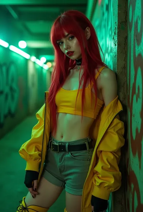 Long straight hair in ruby red pigtails, yellow sleeveless jacket, yellow crop top, grey shorts with black belts, yellow lace-up boots, fingerless gloves, black choker, Sitting posture, Looking down, pale and smooth skin, dark red lips, Industrial environm...