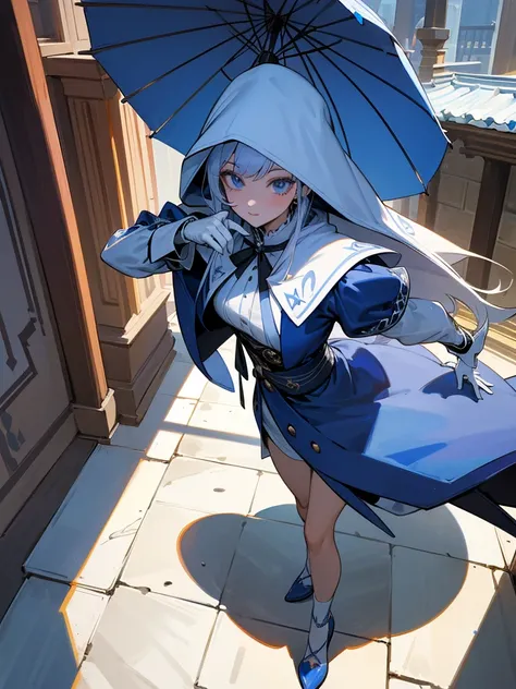 South korea walk women mystery hooded on with modern royal Blue coat with long and wide sleeves with buttons and royal Blue cape and very high white heel over the knee and white gloves, As she reveals a small secret hidden blade coming from his wrist , add...