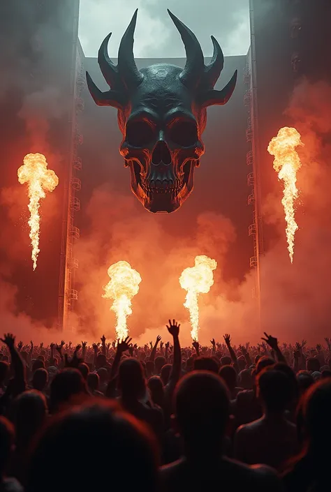 Rock show stage speakers, with a black skull ornament above the stage, rock crowd jumping, decorative skulls on the side of the stage, smoke, fire behind 