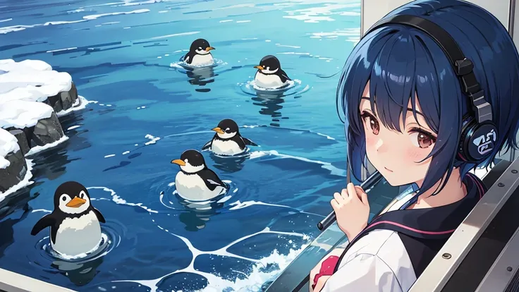 8ｋ、Best Quality、High image quality、Anime style illustration "Kyoto Animation", Best Quality, (cute: 1.1), (cute), (High resolution: 1.2), Navy Blue Hair、Short Hair、One Girl、Wearing headphones,looking away、establishing shot、from side,lcheek rest,水族館でWearing...