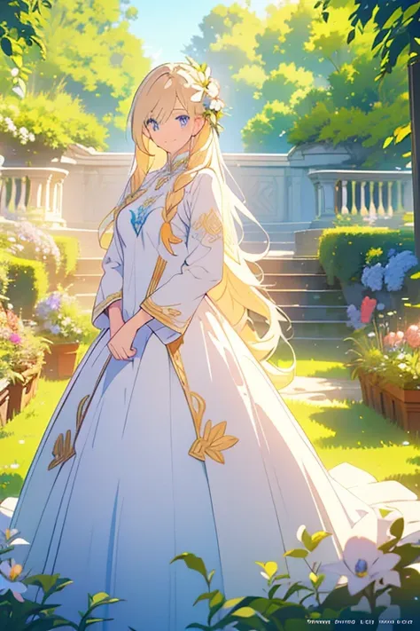 a detailed portrait of a beautiful young woman with long blonde hair, blue eyes, and a warm smile, wearing a white dress, posing gracefully in a lush garden setting with colorful flowers and butterflies, highly detailed, 8k, photorealistic, concept art, ci...