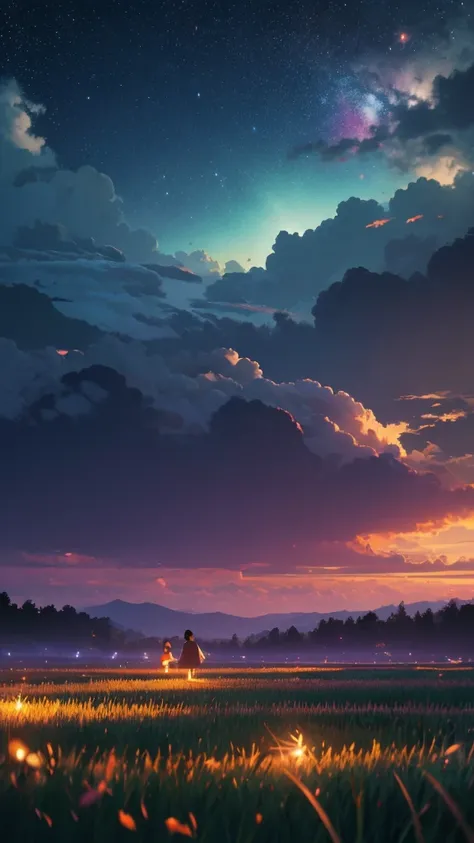 /imagine prompt: Viral anime nature wallpaper in 4K quality, in the style of photography with a 35mm lens inspired by Isao Takahata, capturing a serene rice field at dusk, the sky a soft gradient of orange and purple, and fireflies dancing above the water;...