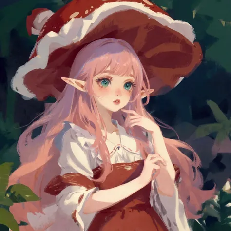 (high quality) (best quality) (a woman) (correct physiognomy) (perfect students) (perfect eyes) young elf woman withlong pink hair. blue-green eyes, , pink eyelashes and eyebrows, hat of red mushroom RED, and red Lolita-style dress with red mushroom RED pr...