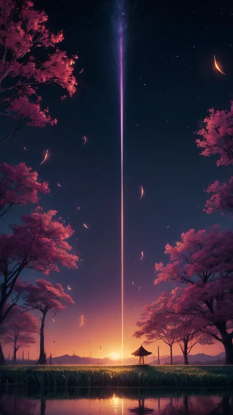 /imagine prompt: Viral anime nature wallpaper in 4K quality, in the style of photography with a 35mm lens inspired by Isao Takahata, capturing a serene rice field at dusk, the sky a soft gradient of orange and purple, and fireflies dancing above the water;...