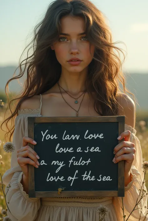 Beautiful girl with long wavy hair, bohemian dress, a blackboard with the text "I Love Seaart Infinity" and showing it to the viewer, and desperate because she wants to do it 