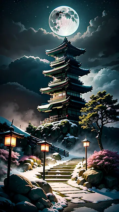 photorealistic japan mountains snow foggy clouds rocks green grass trees chinatown dragon stones smooth concrete photorealistic style sky chinatown pink flower tree japan concrete street empty night time black puzzle on large moon like batman spotlight