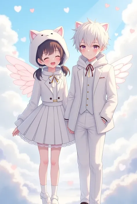 Young beautiful anime girl of 20 years old nice body and figure white hair with two pigtails, a white kitten hat, He has a cute smile and his eyes are closed but you can see his eyelashes a little., She has a kind of thin white bow on her neck., It has whi...