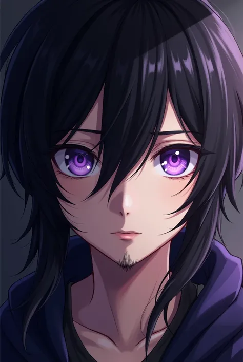 Young man, Violet colored eyes,on the facial hair, long black hair, bangs slightly over the left eye, image from shoulders up without background