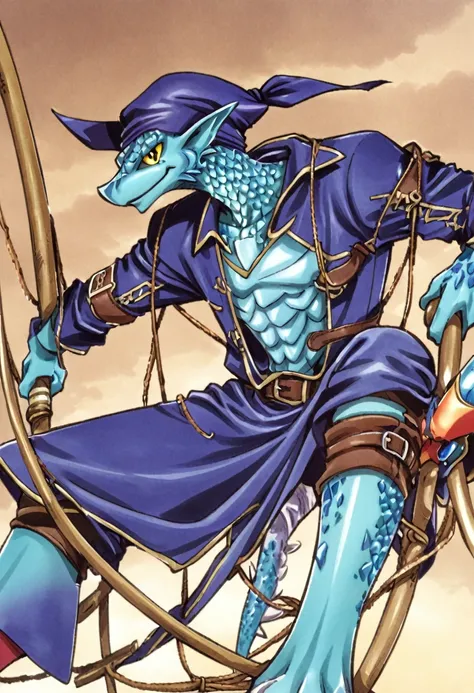  solo male, blue skin, blue scales, (((Kobold)), (detailed kobold)) wearing a adventure equipament , a pirate bandana ,with a smug smile swing a saber, 