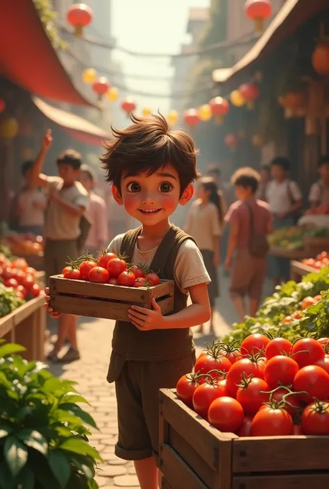 There should be a vegetable market which is crowded and a boy should be seen selling tomatoes
