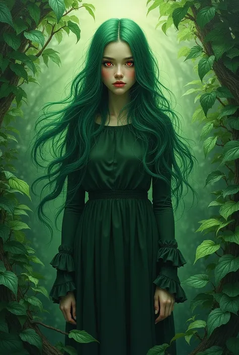 A solo girl standing with her upper body visible,featuring striking red eyes surrounded by flowing plants and green leaves. Her hair is green,blending harmoniously with the surrounding environment,with long strands flowing in the wind,and bangs gently fall...