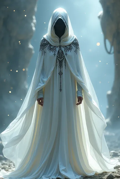 Based on the last image you created, now add a white cape and a white hood with black details. Show me the front and back.