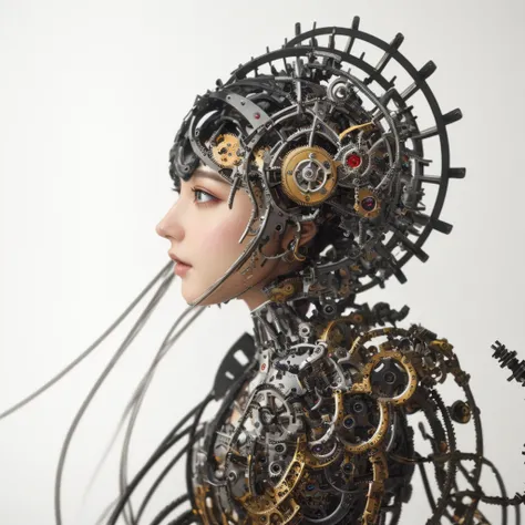 masterpiece, high detail, ArsMJStyle, dnddarkestfantasy, masterpiece, stunning robot woman, made of clockwork cogs, wires and cables, abstract, fractal art. highest definition, HD32K, wallpaper, hyperdetailed, concept art, extreme closeup, side profile