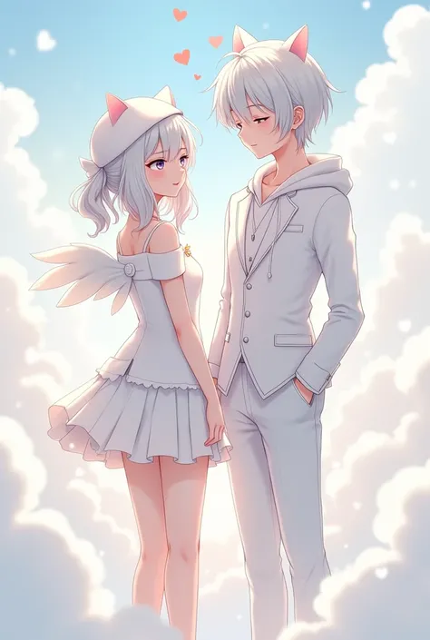 Young beautiful anime girl of 20 years old nice body and figure white hair with two pigtails, a white kitten hat, He has a cute smile and his eyes are closed but you can see his eyelashes a little., She has a kind of thin white bow on her neck., It has whi...