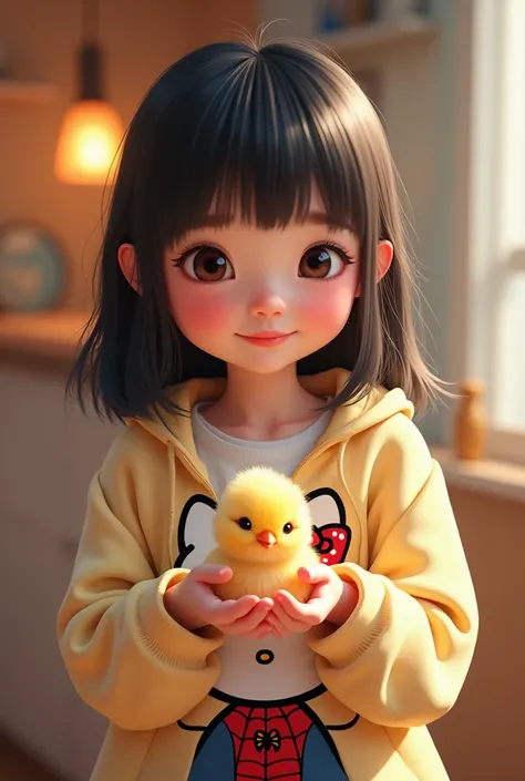 A Chinese girl with medium-long hair named Abi, that has bangs and wears a Hello Kitty sweatshirt. Have the girl holding a chick named Pollike and wearing a Spiderman shirt., add their names in the photo.