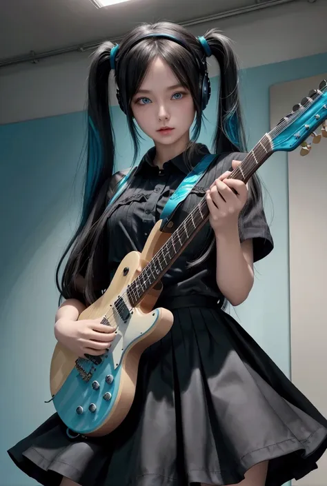 ((masterpiece, Best Quality))One girl, Alone, Black Dress, blue eyes, electric guitar, guitar, Headphones, Double Ponytail, holding, Hold the pick, Instruments, Long Hair, music, One side up, Turquoise Hair, Twin tails, guitarを弾く, Pleated skirt, Black Shir...