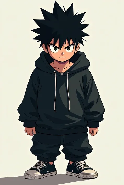 spiky black hair, black sweatshirt, baggy pants, black sneakers, killlua type NO realism