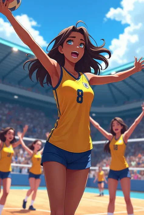 Brown haired girl, blue eyes, Tall, dark-skinned girl in volleyball clothes cheering on her volleyball team at the academy, anime