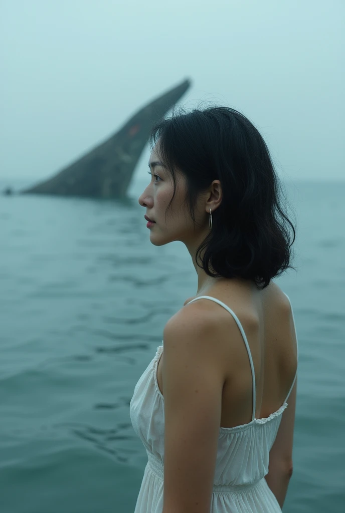 Back of a mature woman of about 3 with slight acne marks, height 1.53, shoulder length wavy hair, Asian complexion, medium build, She finds herself alone in the sea. In the distance there is a sea monster