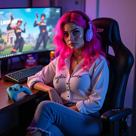 ((A beautiful Colombian girl with dark eyes and a pink wavy wig, wearing hoop earrings, sitting on top of a gamer chair, wearing a white blouse with the text bylucinanacr and denim pants, cowboy boots, )) ultra high resolution, ((purple pale gaming ears ca...