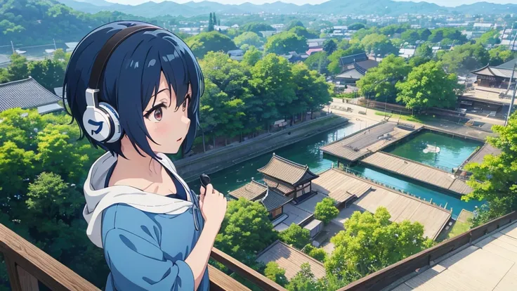 8ｋ、Best Quality、High image quality、Anime style illustration "Kyoto Animation", Best Quality, (cute: 1.1), (cute), (High resolution: 1.2), Navy Blue Hair、Short Hair、One Girl、Wearing headphones、establishing shot、from side,bird’s eye view,knees to chest