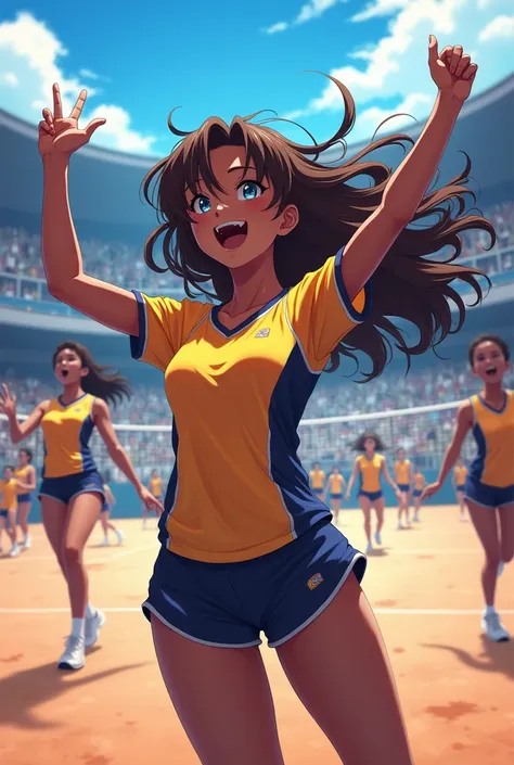 Brown haired girl, blue eyes, Tall, dark-skinned girl in volleyball clothes cheering on her volleyball team at the academy, anime