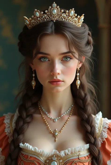 young woman, beautiful, perfect, attractive, elegant, rich, sophisticated, dynamic pose, ultra realistic, long hair with braid, brown hair, blue eyes, victorian queen, elegant dress, jeweled crown, pale, angelic face, serious facial expression, model, medi...