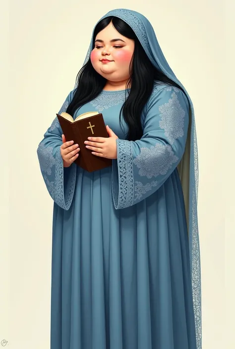 drawing of a standing woman, chubby, white, with long black hair, round face, wearing a headscarf, in a long blue lace dress. She is holding a bible.