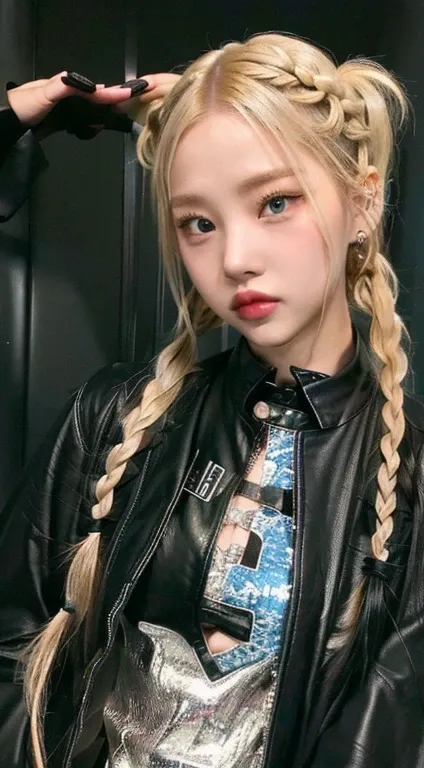 blond woman with long braids and a black leather jacket and blue like eyes, pigtails hairstyle, portrait of jossi of blackpink, ...